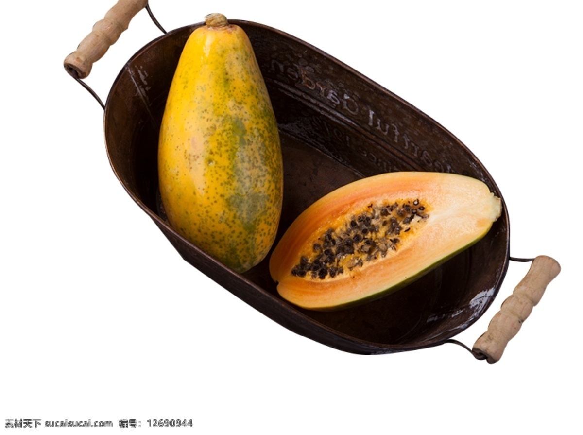 篮子 装好 一个 半 水果 木瓜 切开的木瓜 夏季水果 水晶木瓜 黄色木瓜 营养丰富 食物 木瓜籽 金黄色 黑色籽