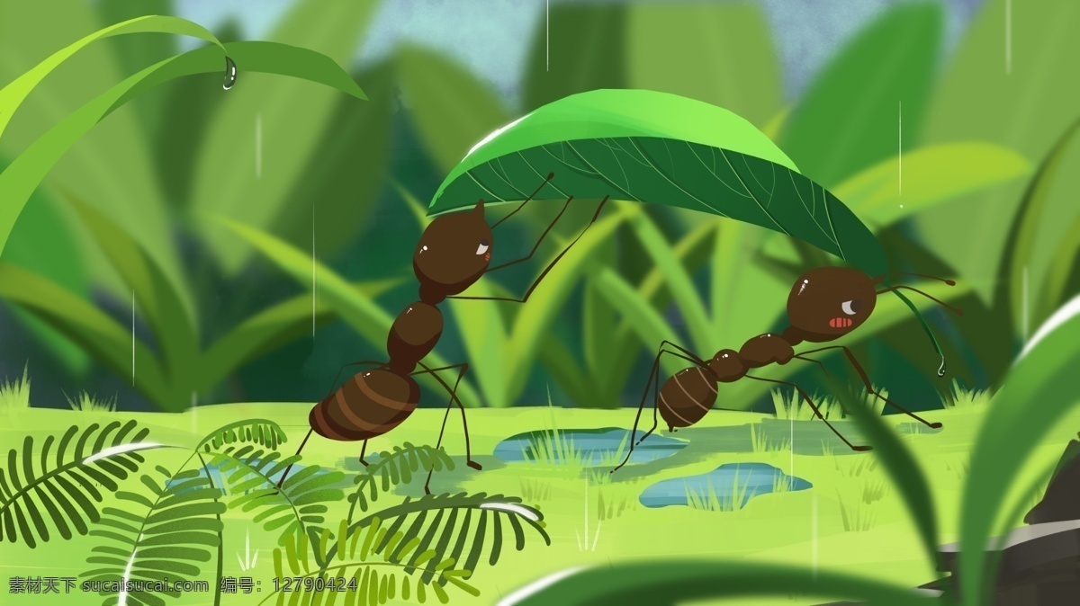蚂蚁 雨 中用 叶子 伞 谷雨 节气 插画 二十四节气 春天 雨水 昆虫