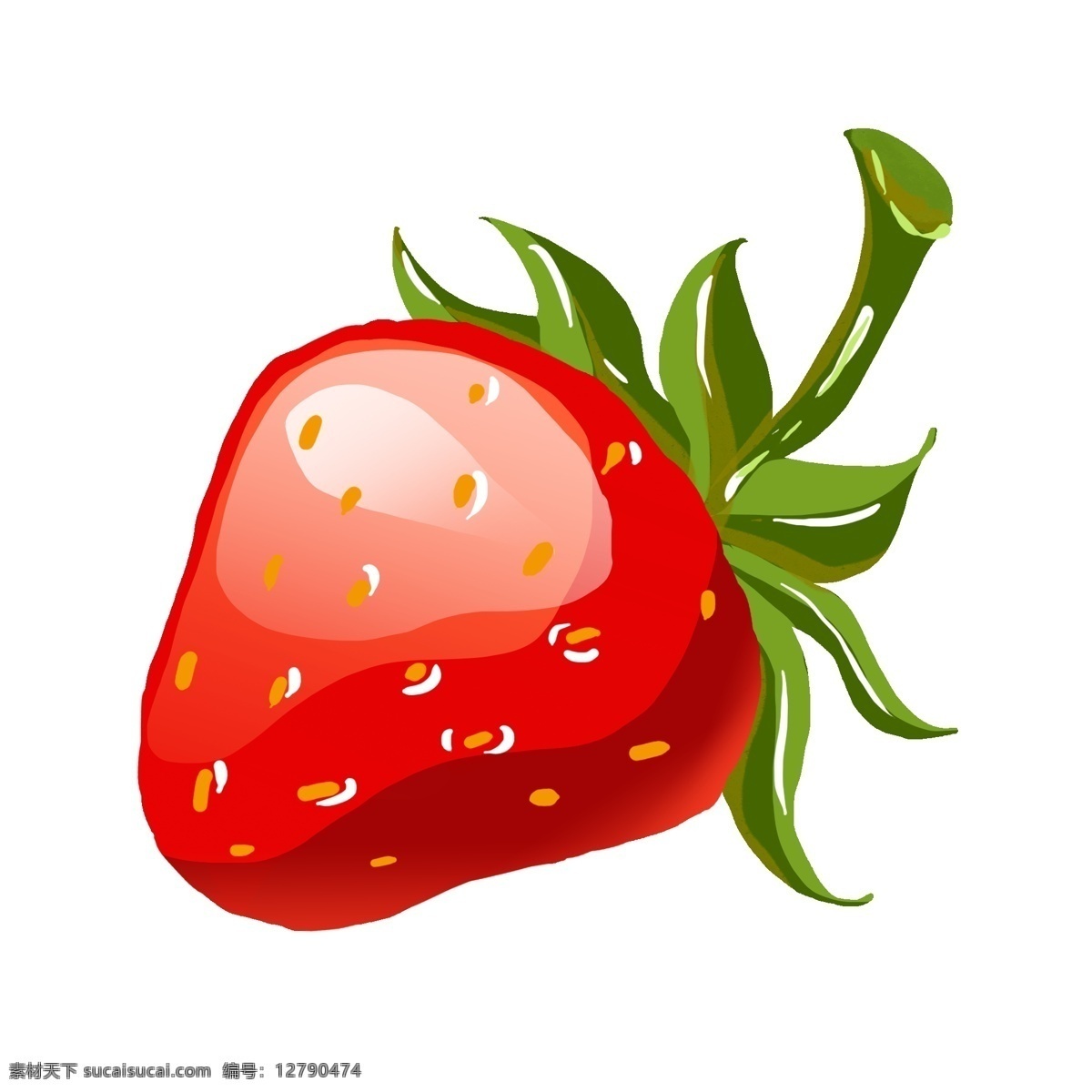 手绘 颗 草莓 插画 一颗草莓 成熟的草莓 红色 绿色 叶子 果实 草莓籽