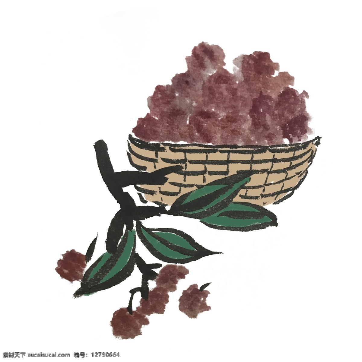 水墨 风 杨梅 手绘 插画 水果 解渴 清凉 夏季 夏天 水墨风 墨迹 彩色 春天 生动 花草 国风 杨梅装饰 水墨叶子 水墨杨梅