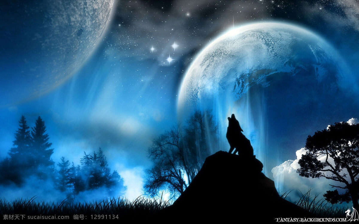 星空 星球 山峰 狼 狼叫 月亮 树林 风景漫画 动漫动画