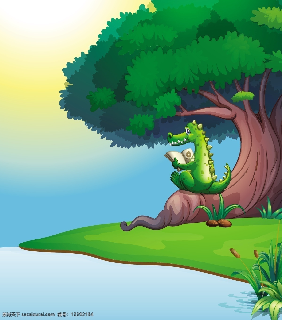 卡通 鳄鱼 坐在 树上 看书 矢量 动物 拟人 大树 小草 草丛 河水 小溪 绿色 小树 蓝天 白云 风景 插画