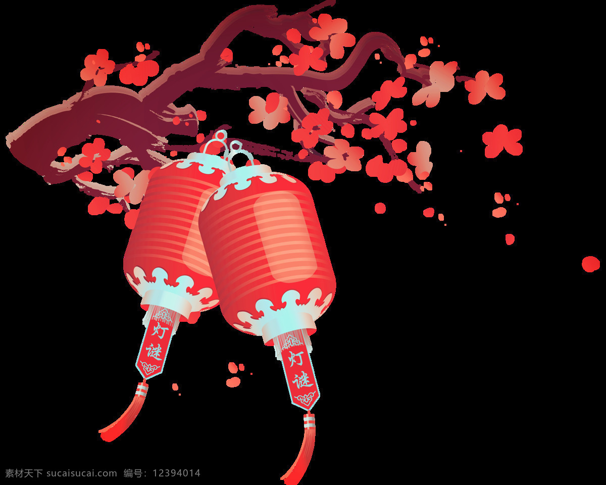 艳丽 红色 灯笼 梅花 节日 元素 春节元素 褐色树枝 节日元素