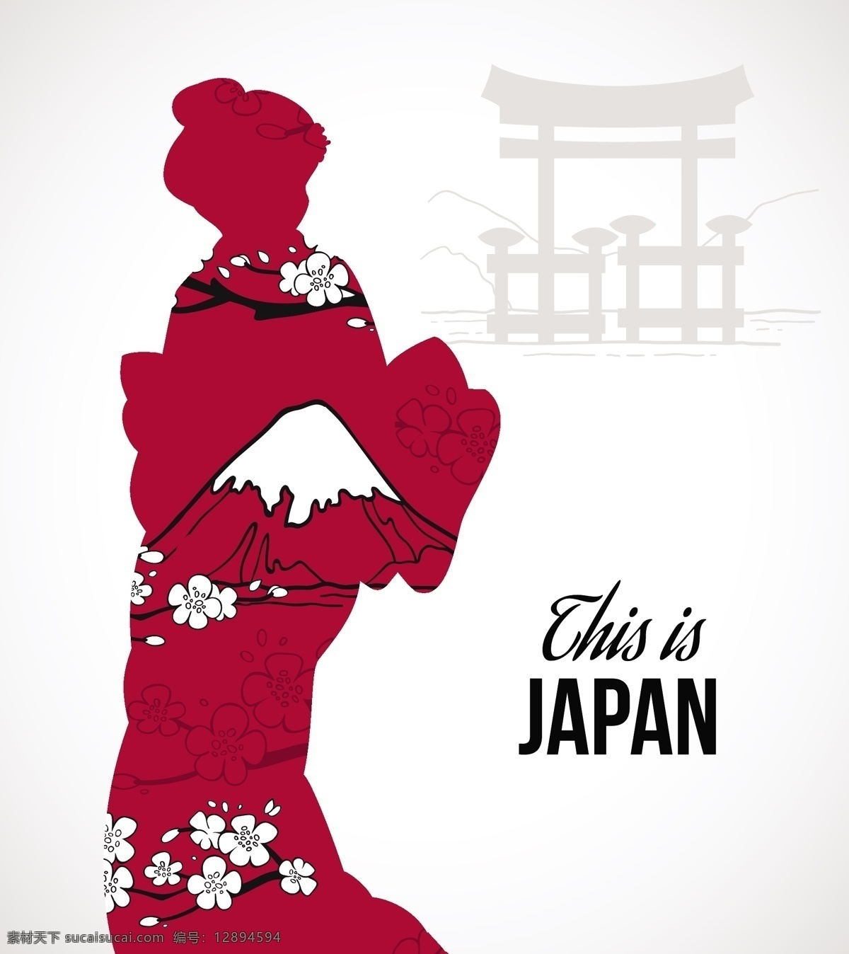 日本 女人 剪影 日式 和风 矢量 背景 红色 神庙 富士山 风景 抽象 插画 河边 亭子