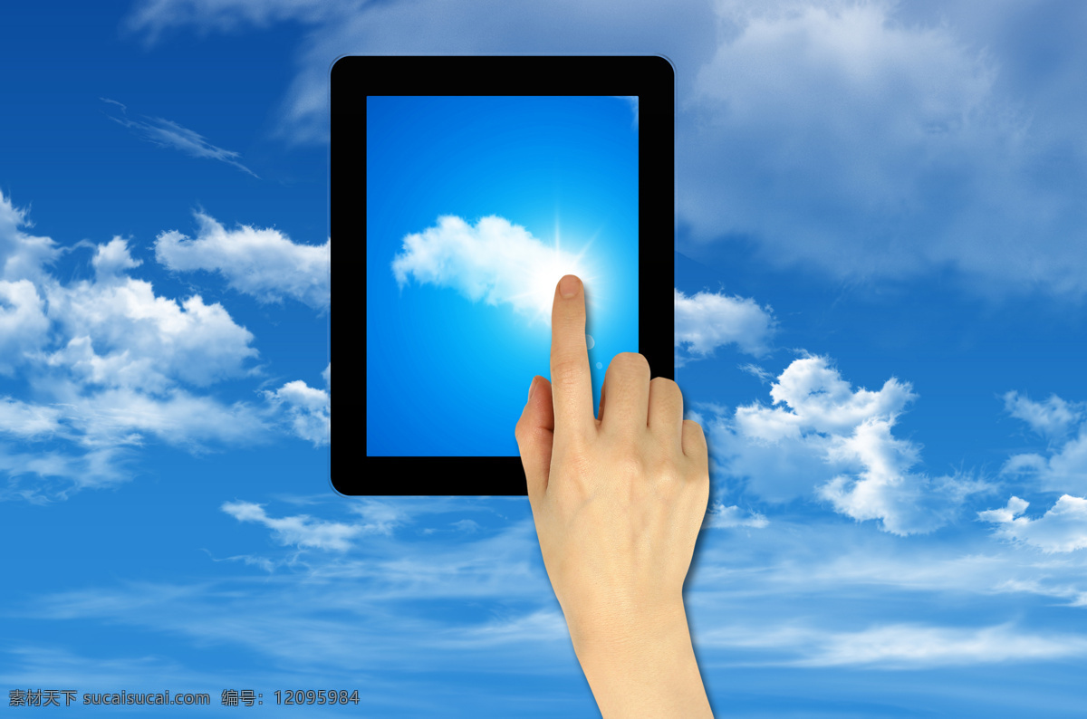 白云 触摸屏 创意 点击 电脑网络 风景 蓝天 美景 平板电脑 阳光 手指 屏幕 天空 云彩 网络时代 生活百科 矢量图 现代科技