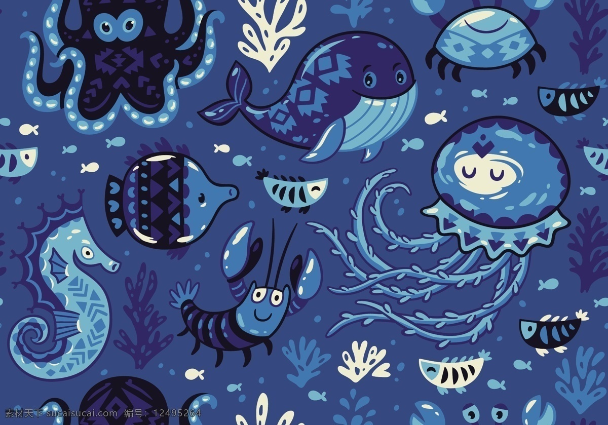 时尚 蓝色 卡通 海洋 动物 水母