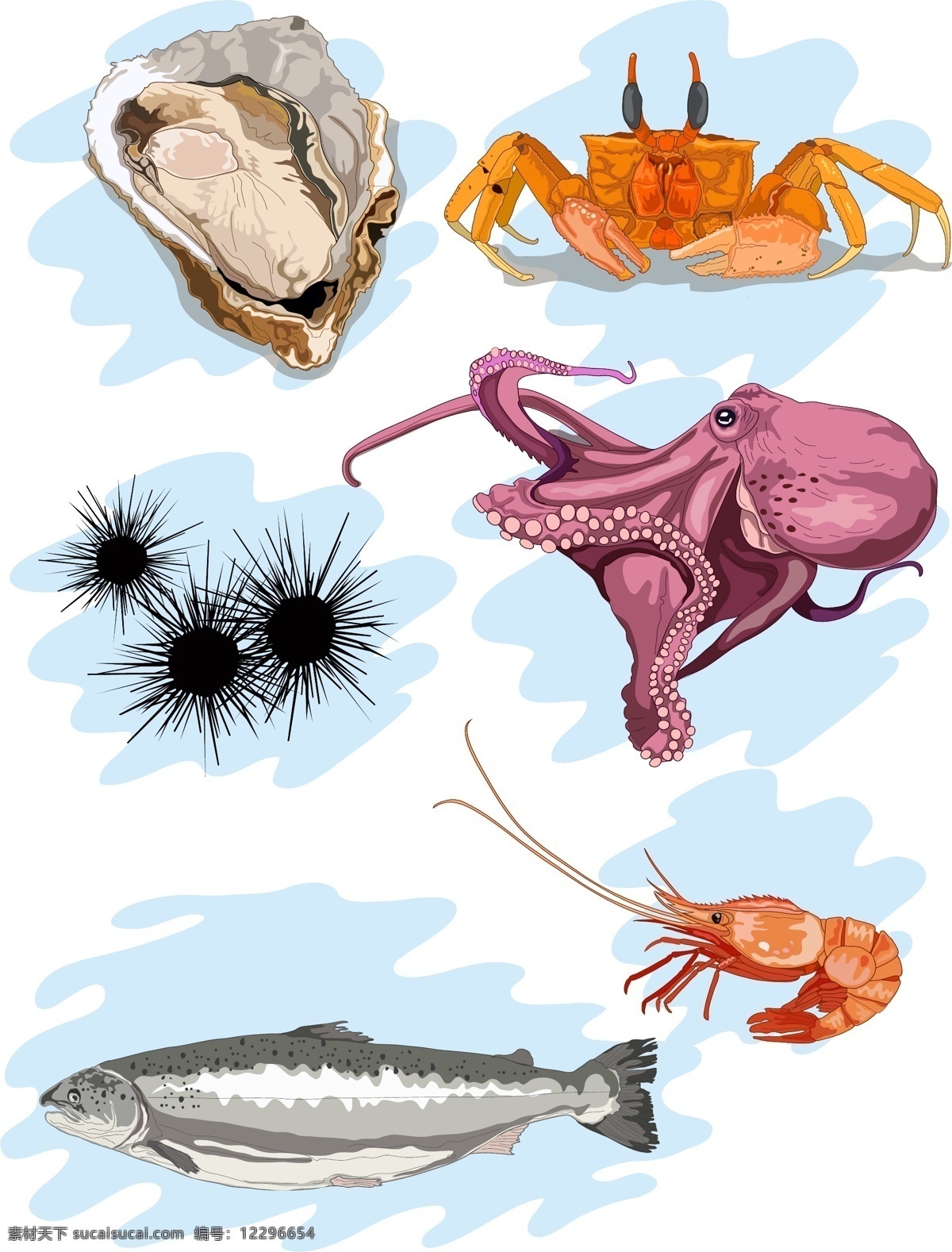 手绘 风格 海鲜 套 图 牡蛎 螃蟹 章鱼 海胆 大虾 三文鱼 海洋 动物 套图 插画 装饰图案