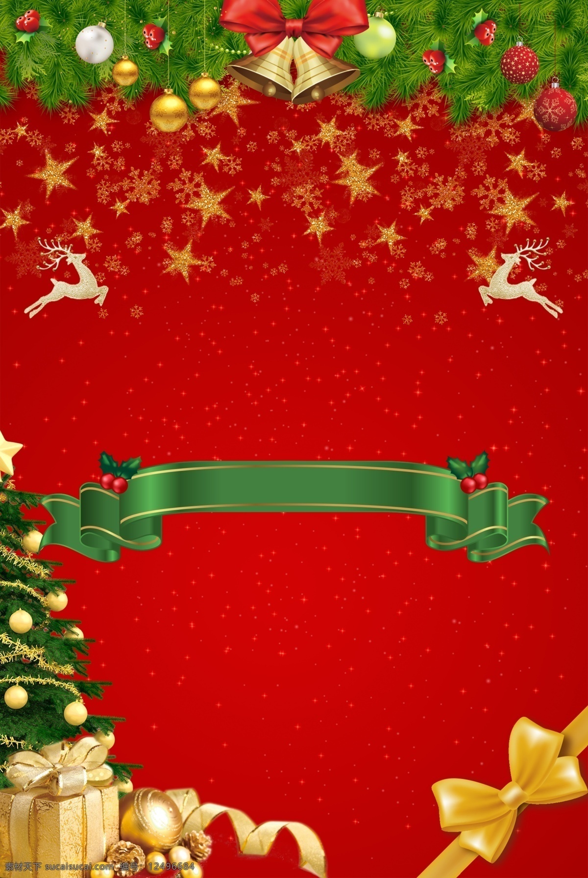 红色 喜庆 圣诞节 背景 星星 丝带 圣诞树 铃铛 蝴蝶结 麋鹿
