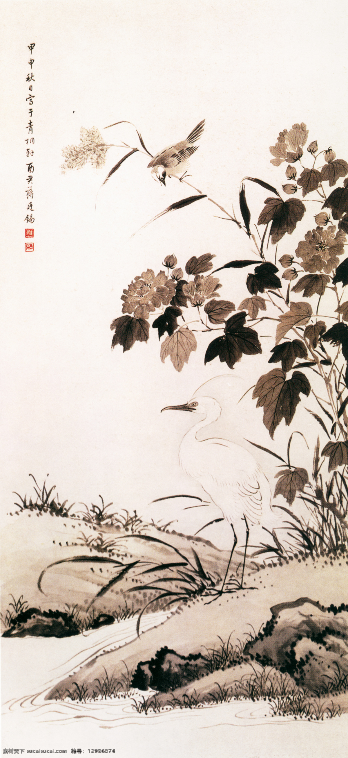 植物免费下载 白鹤 牡丹花 喜鹊 植物 中国风 中华艺术绘画 文化艺术