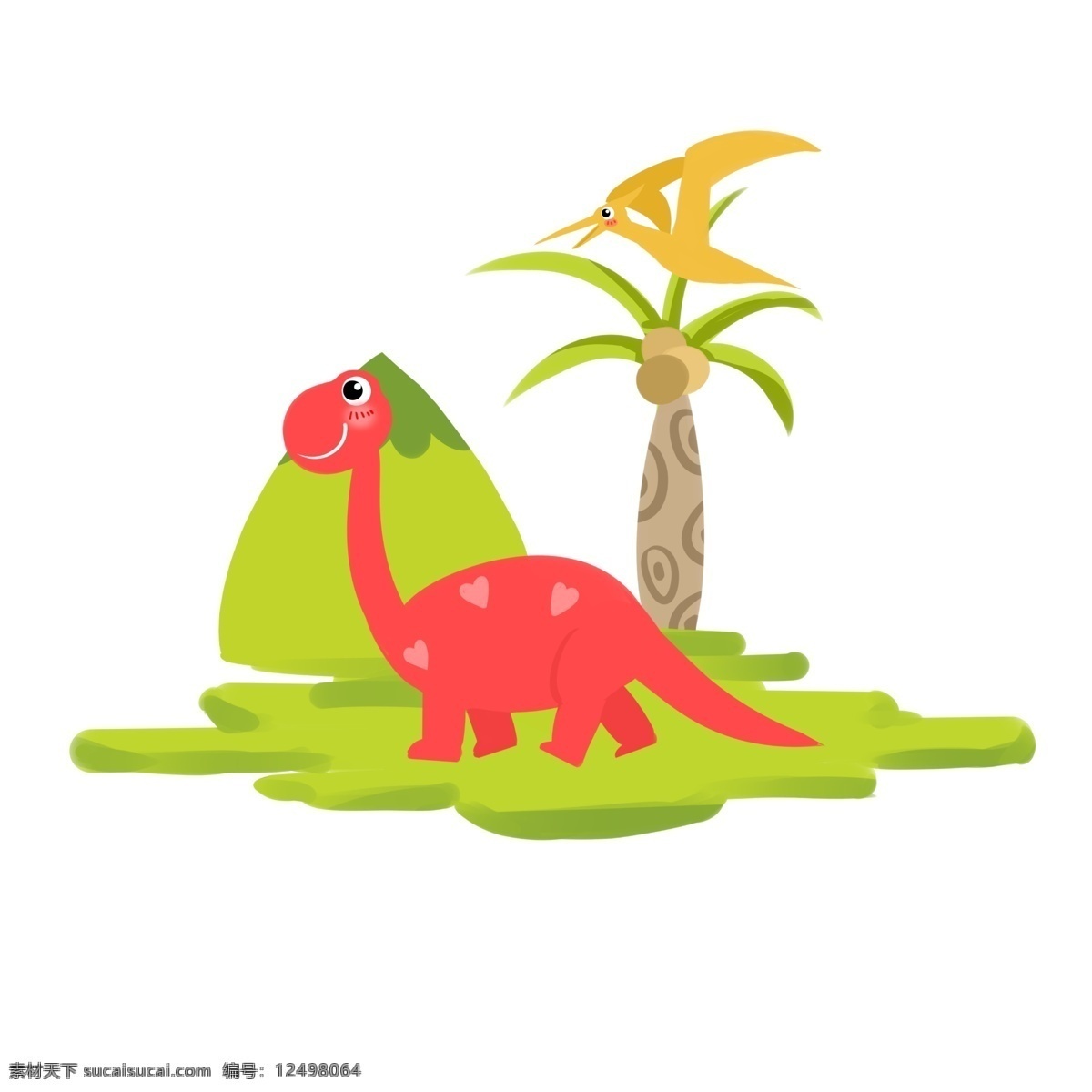 卡通 红色 恐龙 插画 红色的恐龙 动物 可爱的恐龙 椰子树装饰 黄色小鸟 卡通恐龙插画 大自然恐龙