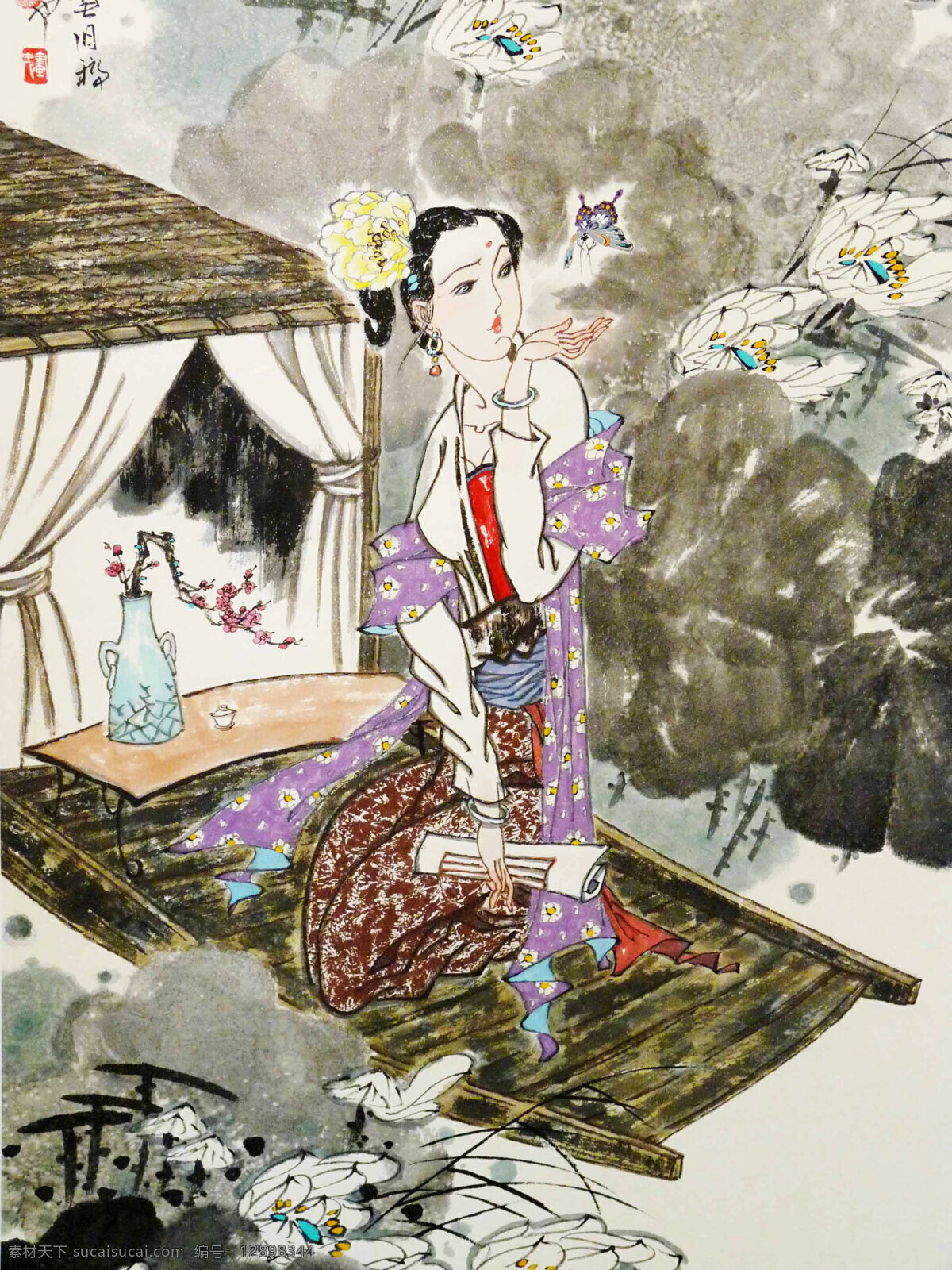 表情 彩墨画 动作 古代人物 国画艺术 荷花 荷塘 蝴蝶 爽心图 美术 绘画 中国画 人物画 女人 女子 仕女 姿势 木船 书法 印章 国画集34 绘画书法 文化艺术 装饰素材 雕刻 图案
