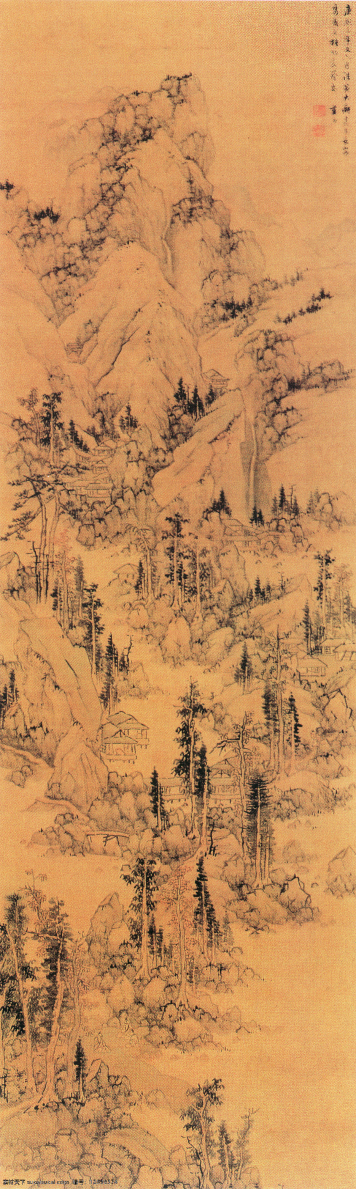 名家 蓝 孟 山水 名画 书画 秋林 逸 居 图 古画 山水画 山水名画书画 书画真迹 中国水墨画 秋林逸居图 名家蓝孟 立轴 绢本 鸟瞰 手法 写 具有 立体感 空间感 文化艺术