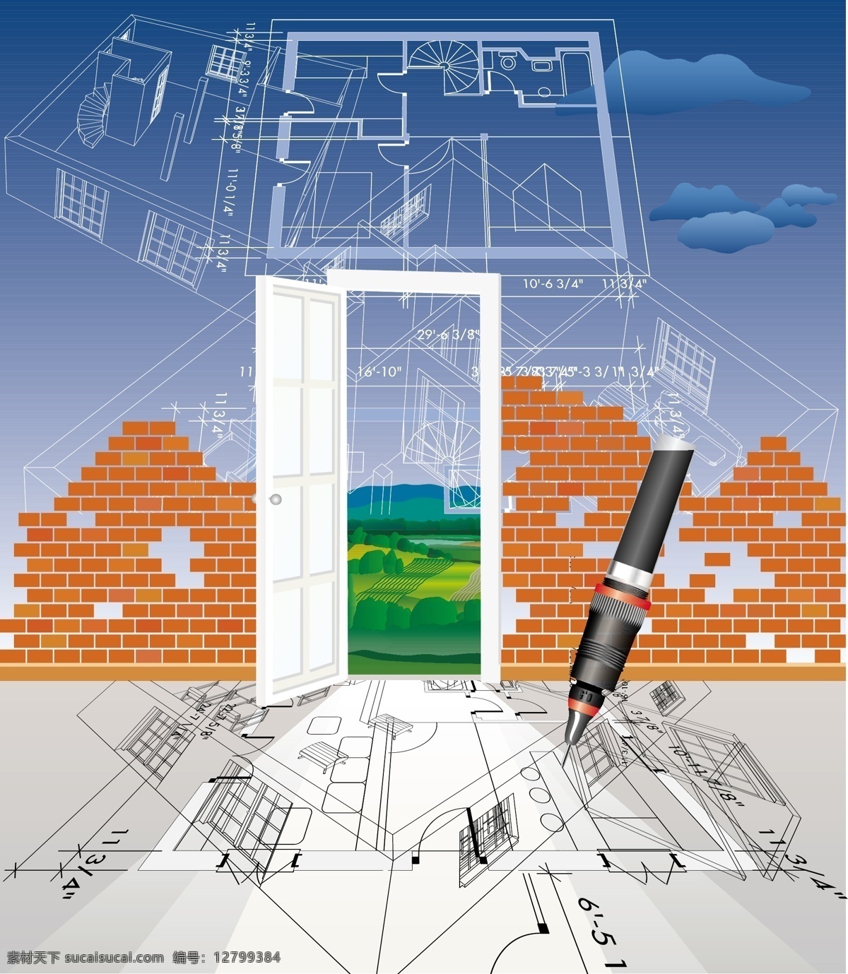 建筑 系列 矢量 笔 材料 计划 室内 素描 艺术线条 住宅 砖墙 画线 矢量图 日常生活