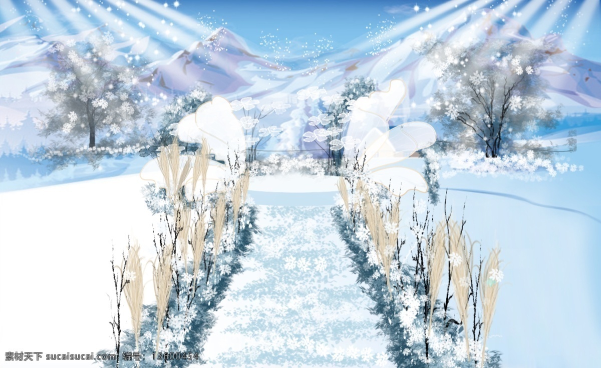 冰雪 浪漫 户外 白色 婚礼 芦苇 雪山 户外婚礼 干枝 蓝白色