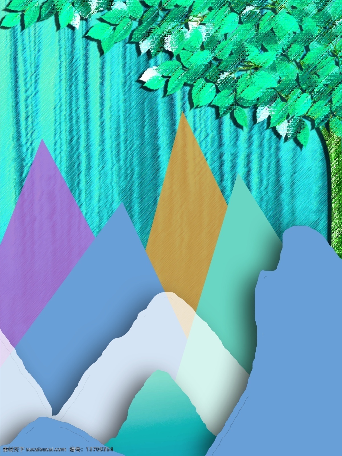 现代 三角 彩色 山 客厅 装饰画 蓝色树 客厅装饰画 三角山 一联画 蓝色肌理背景