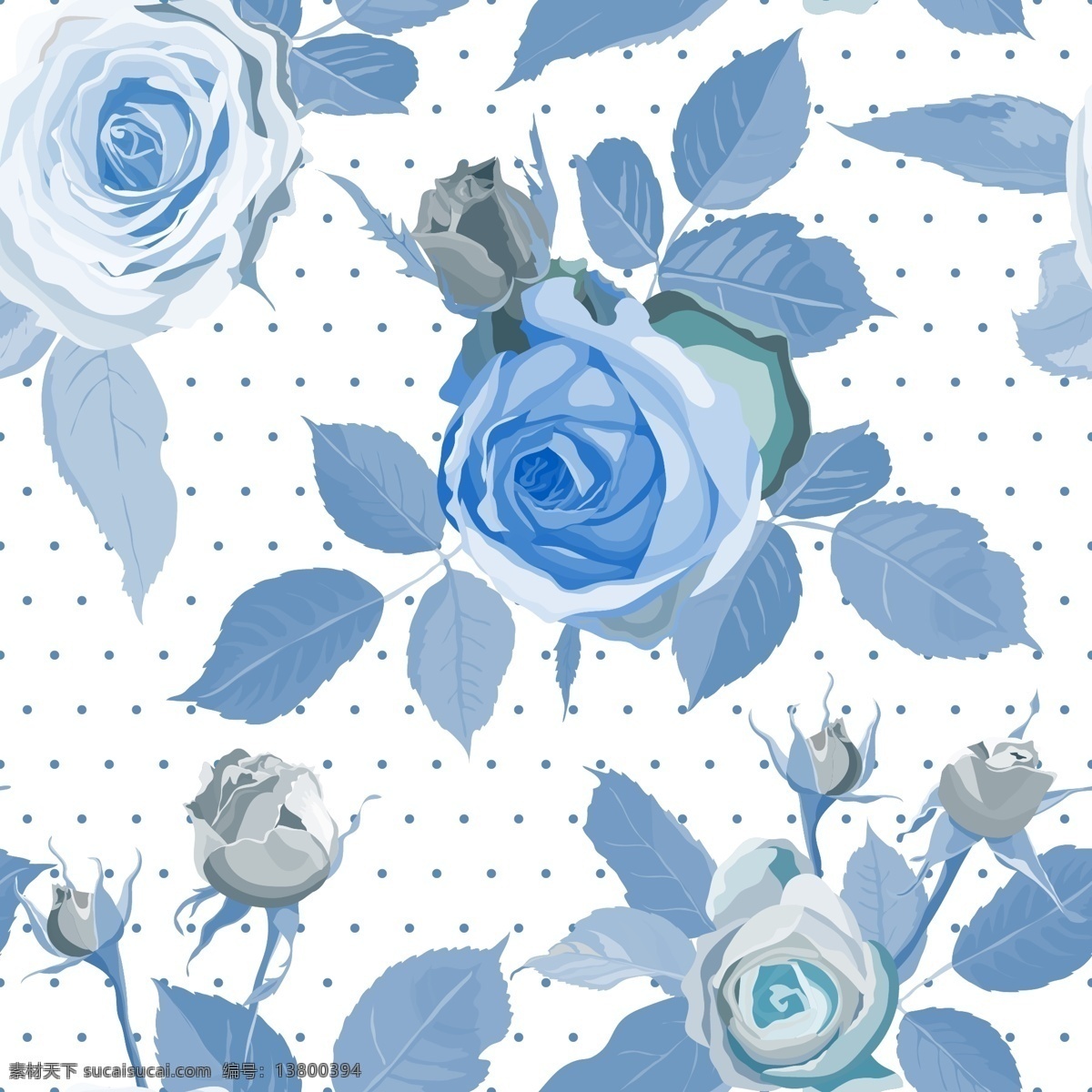 蓝色 玫瑰花 无缝 背景 矢量 水玉点 蓝玫瑰 无缝背景 白色