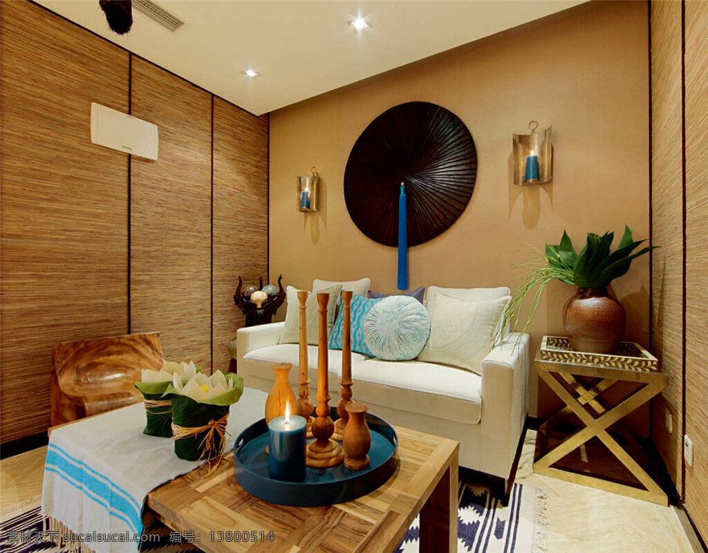 东南亚 客厅 小 户型 白色 沙发 室内装修 图 客厅装修 木地板 木制背景墙 白色沙发 蓝色圆盘