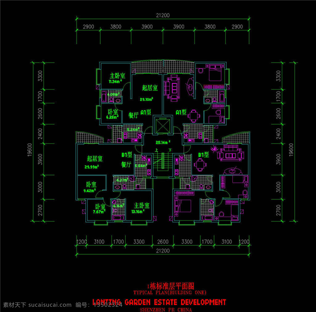 四 户 平面设计 cad 图纸 施工图 图纸模板下载 豪华别墅 cad图纸 经典别墅 工程图 装潢 装潢设计 dwg 黑色