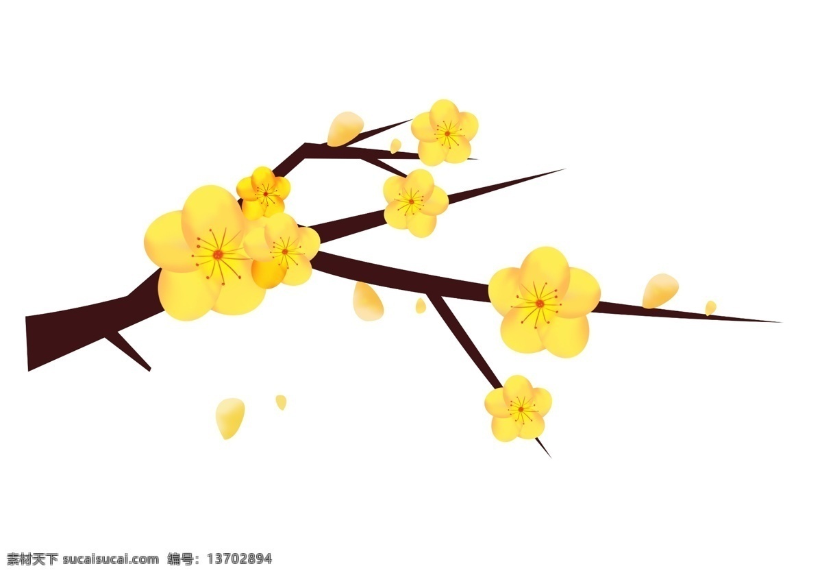 新年 冬季 腊梅 花 黄色 树枝 分层 矢量 落花 梅花 渐变花 免抠 手绘 飘落的话