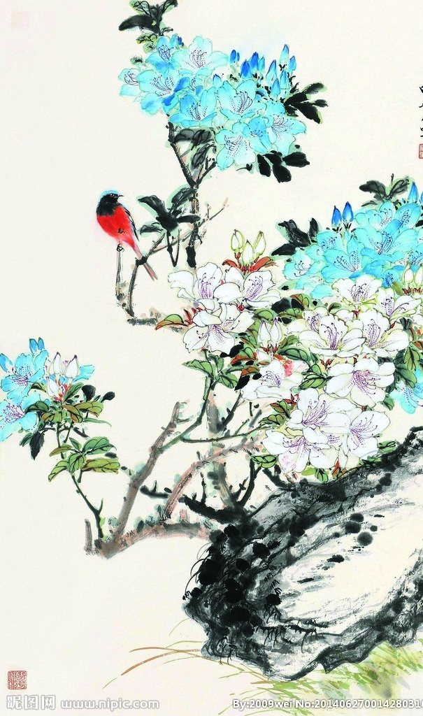 田世光 花鸟画 美术 中国画 工笔画 花木 花朵 红腹鸟 田世光国画 国画艺术 绘画书法 文化艺术