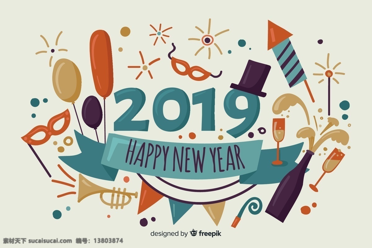 2019 年 复古 彩色 新年贺卡 矢量 气球 礼花 烟花 节日礼帽 火箭烟花 三角拉旗 香槟酒 新年快乐 面具 喇叭 酒杯 happy new year 2019年 新年 艺术字 名片卡片