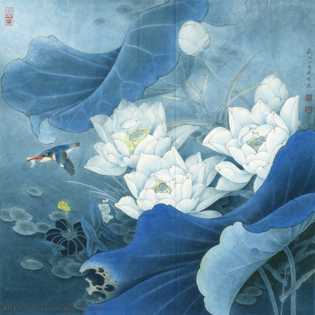 白 荷 蓝 翠 高清 国画 蓝色