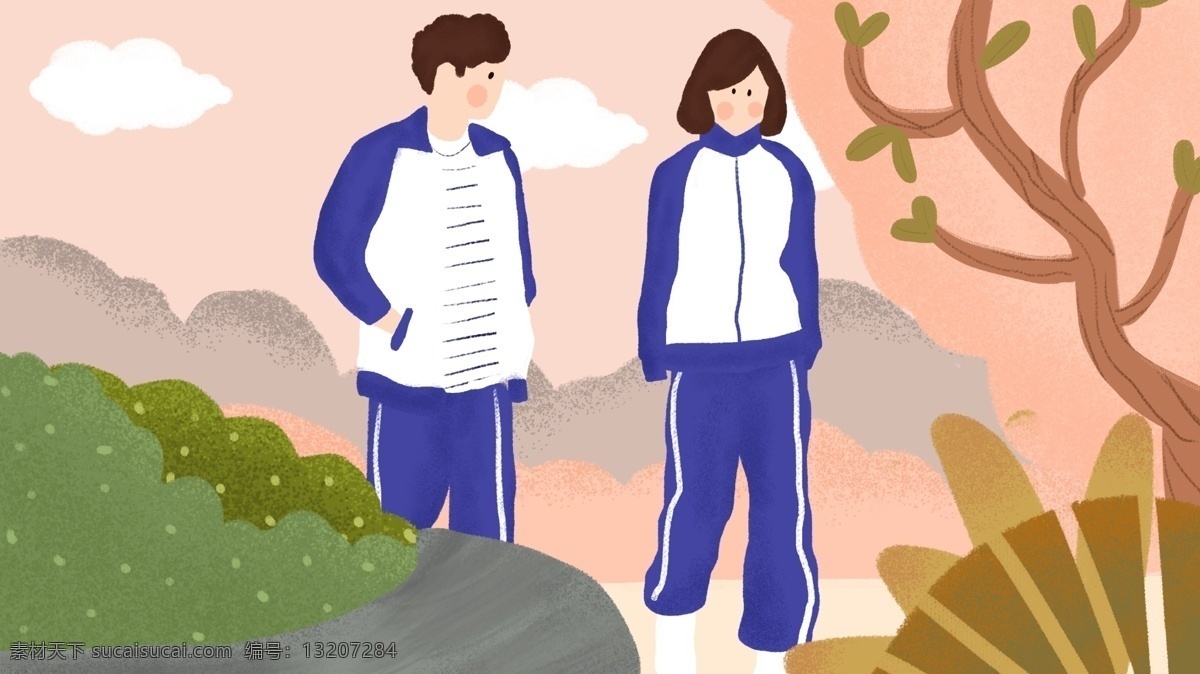 高中 爱情 情侣 恋爱 校服 谈话 手绘 插画 配 图 情侣恋爱 手绘插画 配图 小清新风格 高中爱情