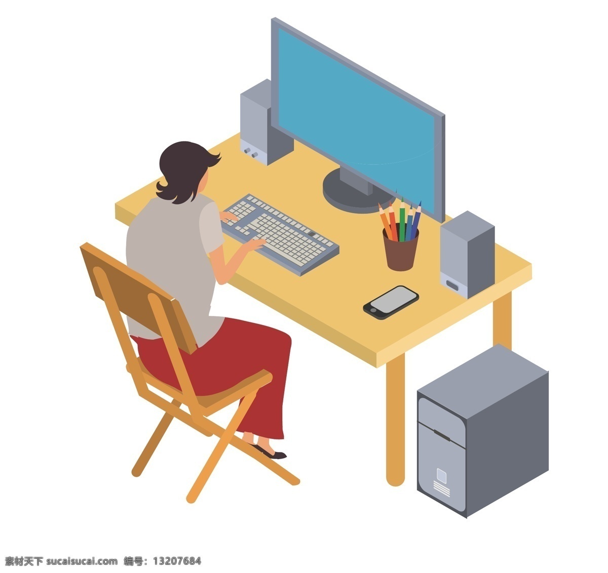 扁平化 撞 色 电脑 前 工作 女人 办工作 上班族 商业 插画 撞色 夸张 免抠 创意 场景 手机 笔筒