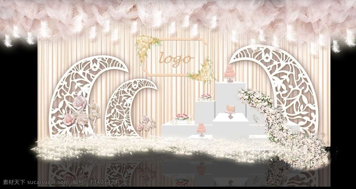 婚礼 迎宾 区 效果图 婚礼效果图 月亮弯 花 婚礼吊顶 羽毛 婚礼logo 香槟色婚礼