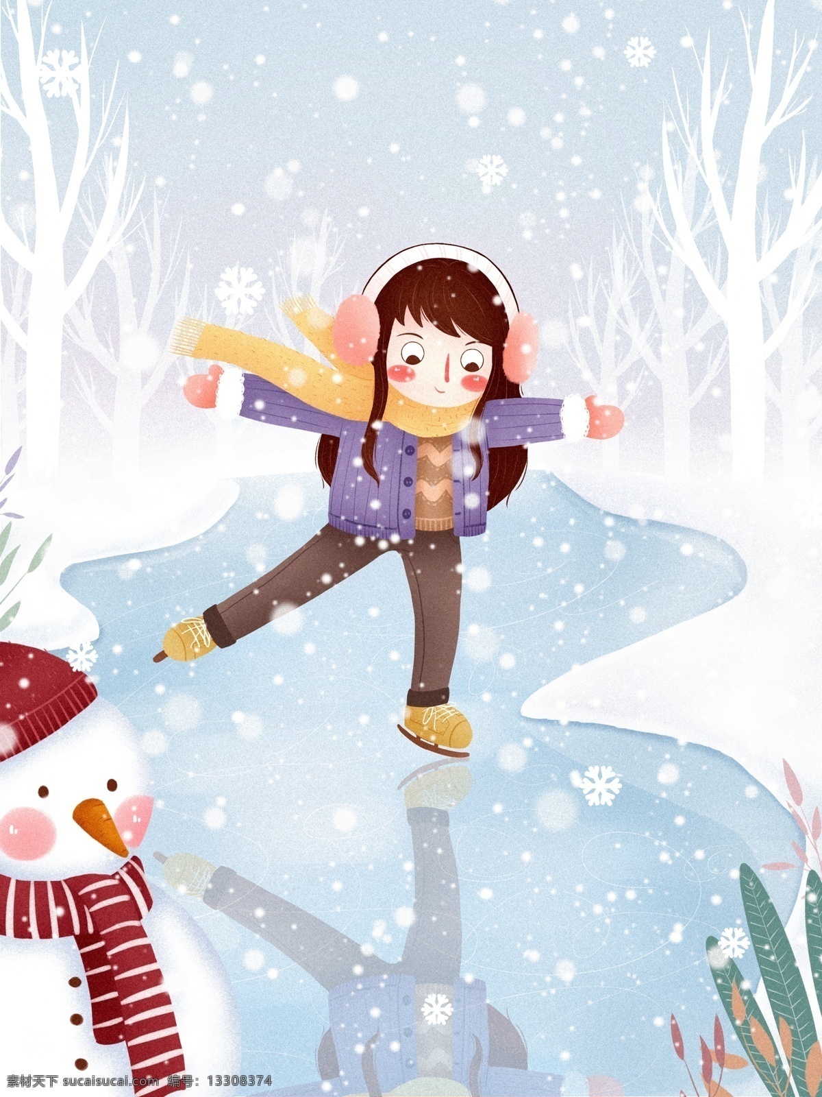 小女孩 滑雪 场景 卡通 插画 节日 冬天 雪花 简约 冬季 漫天雪花 小女孩滑雪 带 围脖 帽子 大寒 二十四节气 寒冷 雪地 白雪