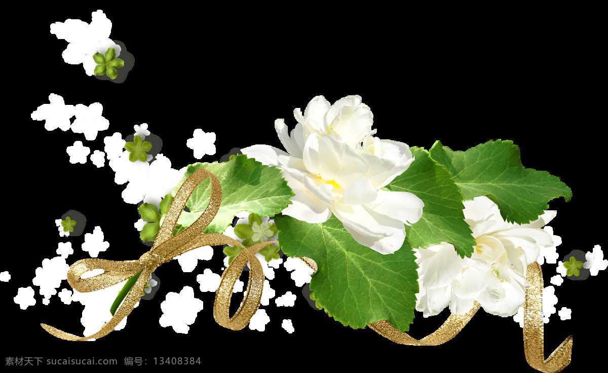 素雅 手绘 两 朵 白花 花边 透明 金色 丝带 绿叶 简单 透明素材 免扣素材 装饰图片