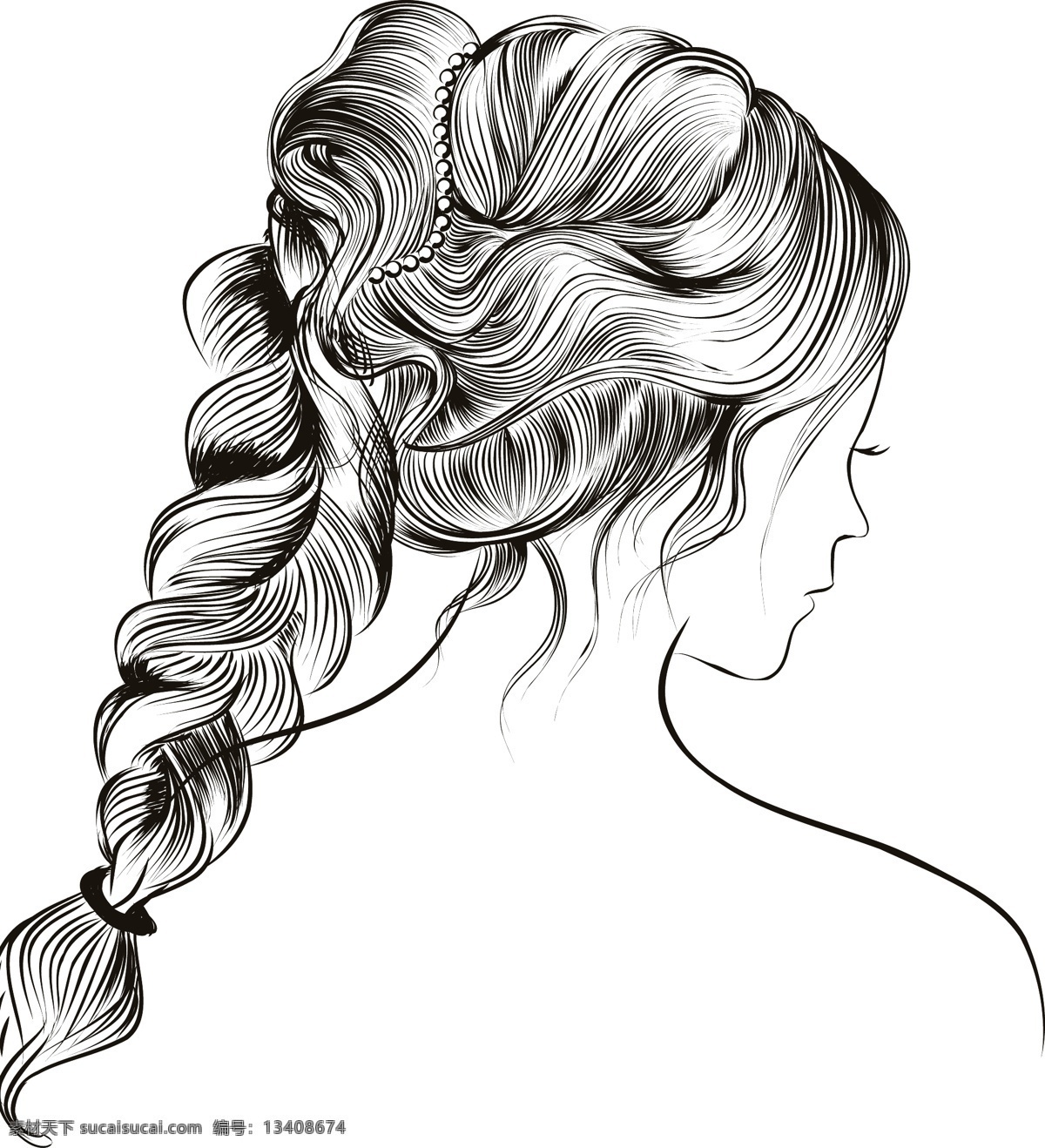 时尚 唯美 发型 插画 人物 美发 黑白 手绘