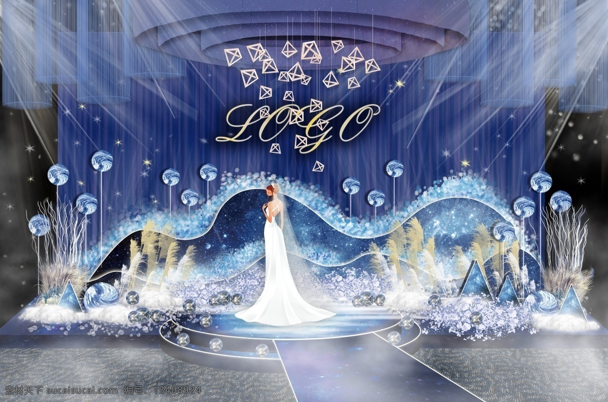 星空 蓝色 梦幻 婚礼 效果 婚礼效果图 主题婚礼 婚礼设计 芦苇 几何 星空婚礼 蓝色系婚礼 主题 浪漫星空婚礼 线帘 布幔吊顶