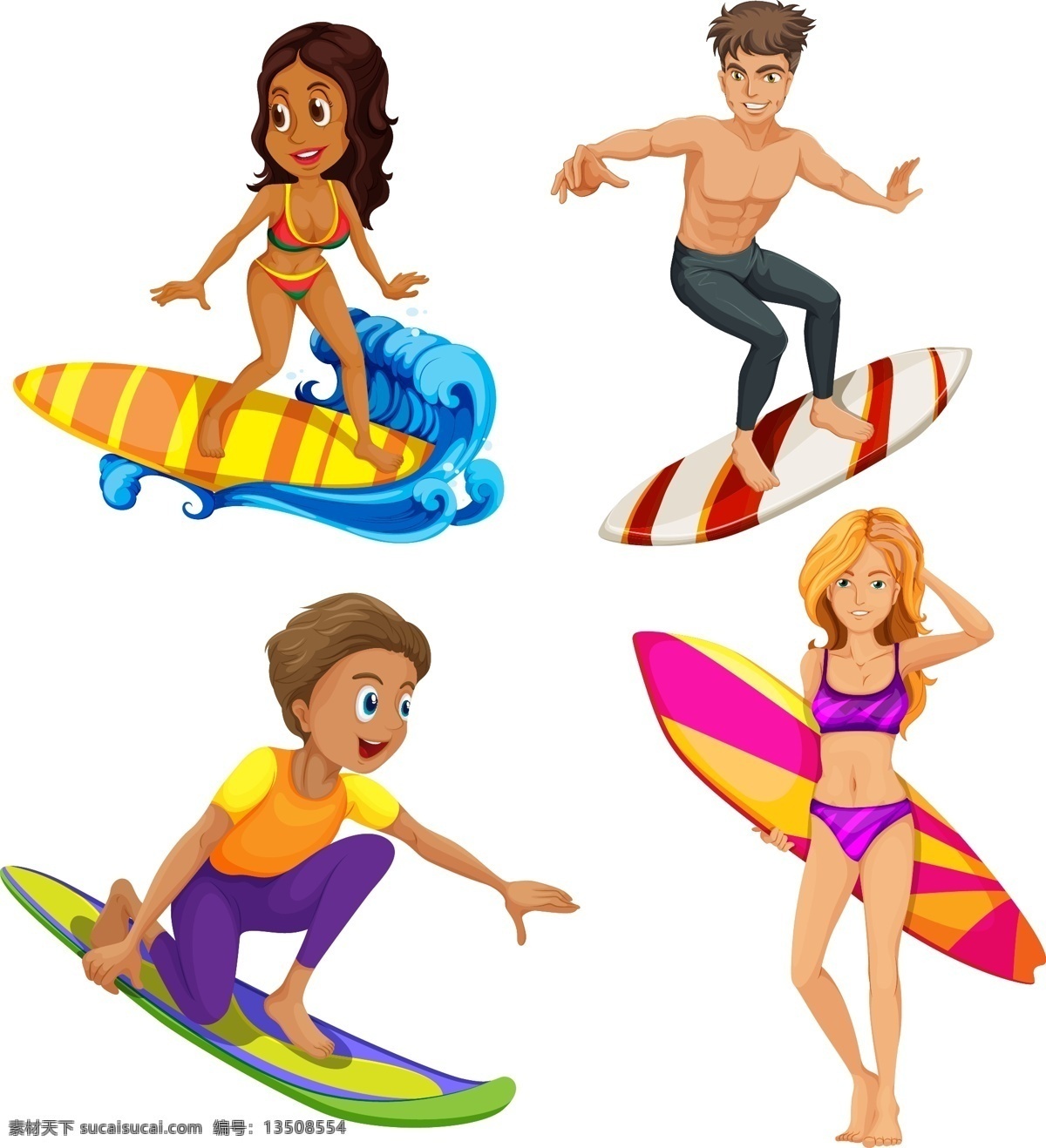 男女冲浪者 背景 人物 木材 模板 卡通 白色背景 图形 板 木背景 绘画 白色 男人 冲浪 团体 木制 户外 女性 青年 木板 背景白色