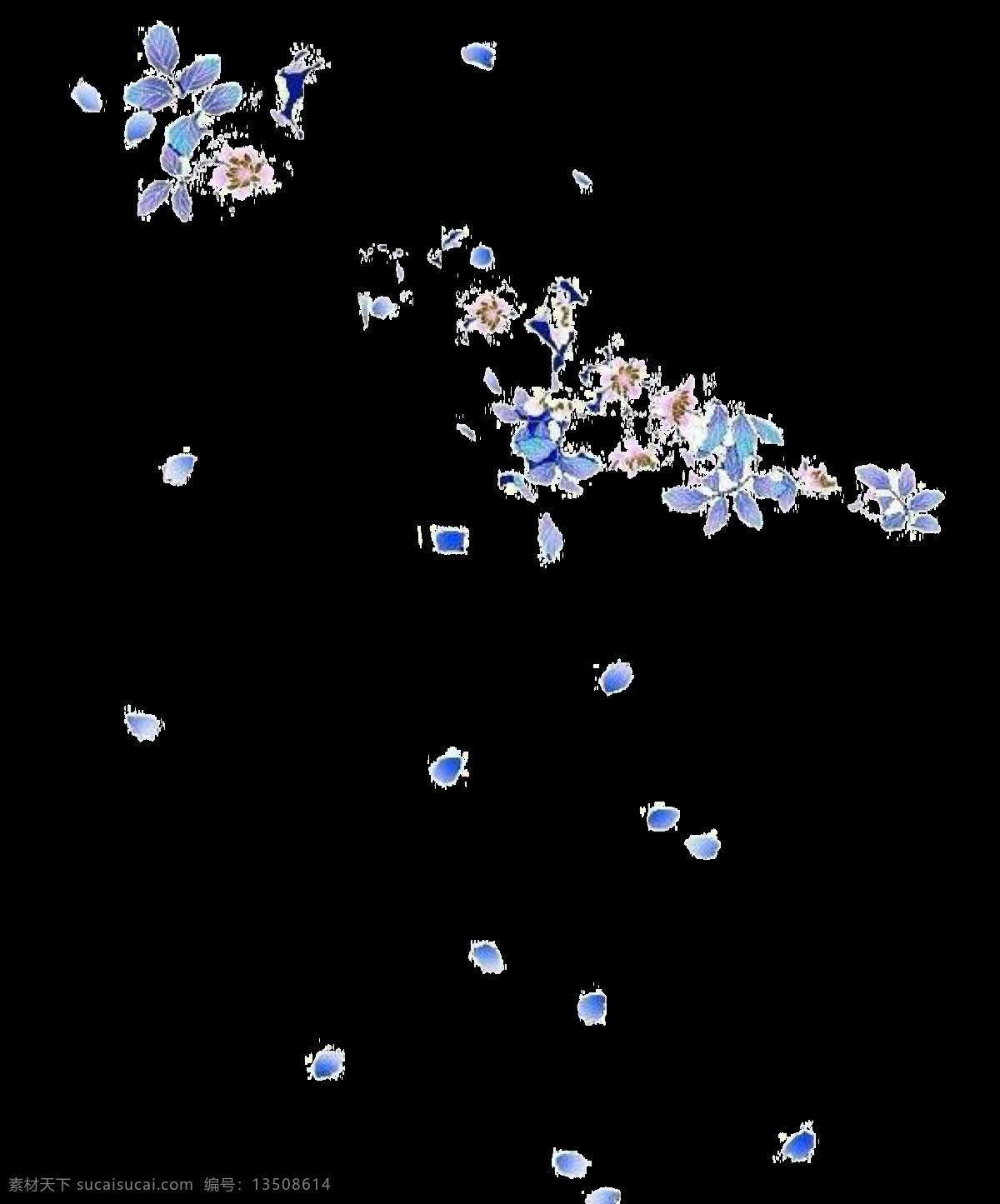 手绘 蓝色 花瓣 元素 浪漫 唯美 蓝色渐变 小鸟 免抠
