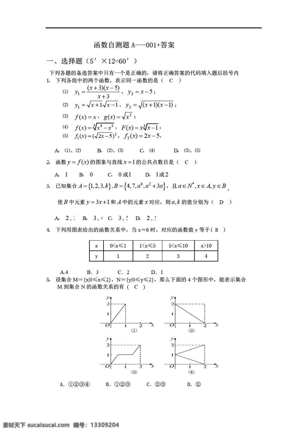 数学 人教 新 课 标 a 版 必修 函数 概念 表示 自测题 答案 必修1 试卷