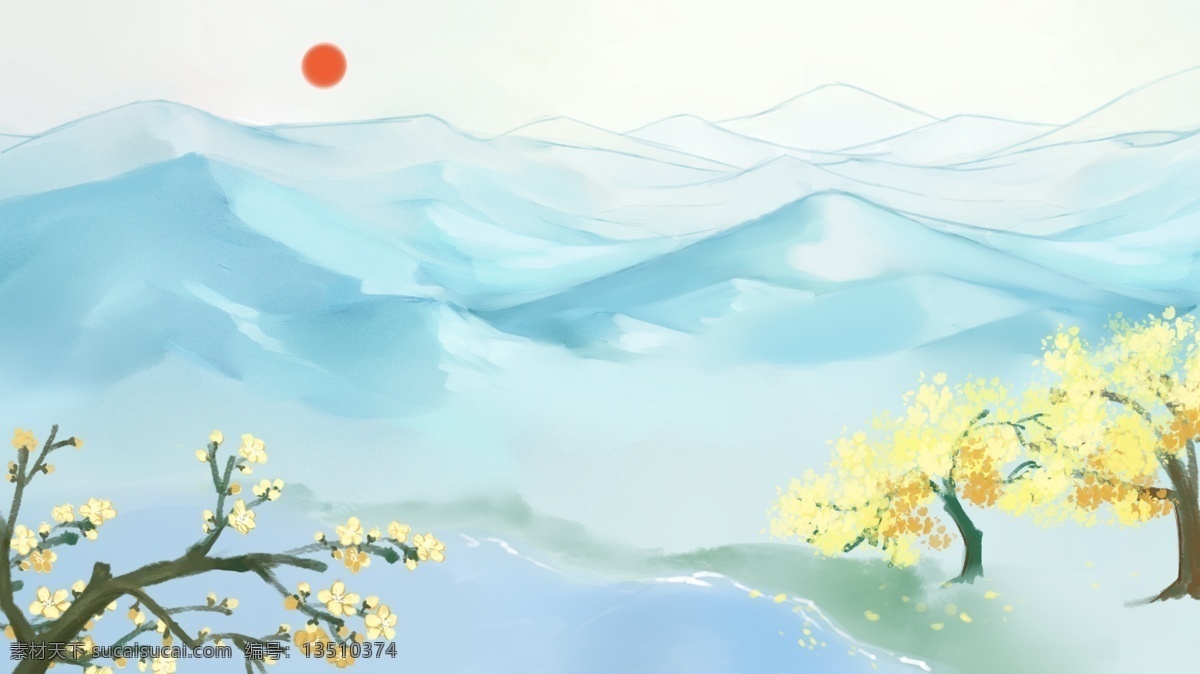 彩绘 远山 太阳 桂花树 背景 雪山 背景素材 清新背景 小清新 花树 桂花 色彩背景 背景展板 背景psd
