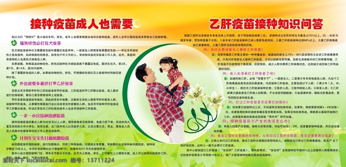 接种疫苗展板 疫苗接种 乙肝疫苗 问答 淡绿色背景 圆 小儿接种 花 百合 小女孩 父亲孩子 猎犬疫苗 分层 甲肝 乙肝 展板模板 广告设计模板 源文件