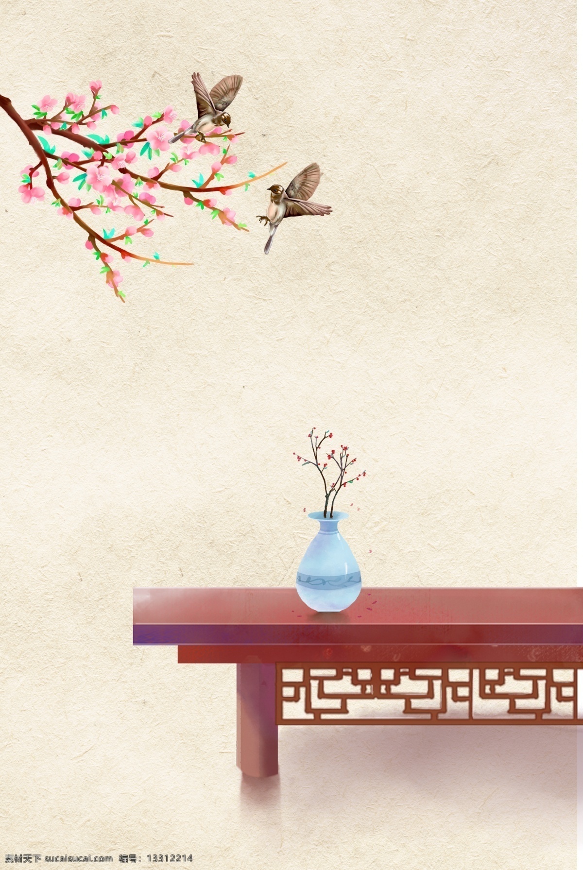 中国 风 花鸟 工笔画 背景 图 中国风 花 鸟 背景图 海报 桌子 花瓶 简约 手绘