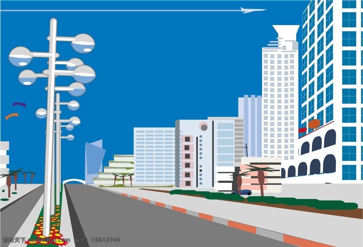 矢量图 cdr矢量图 高楼大厦 公路 花朵 建筑景观 路灯 其他矢量图
