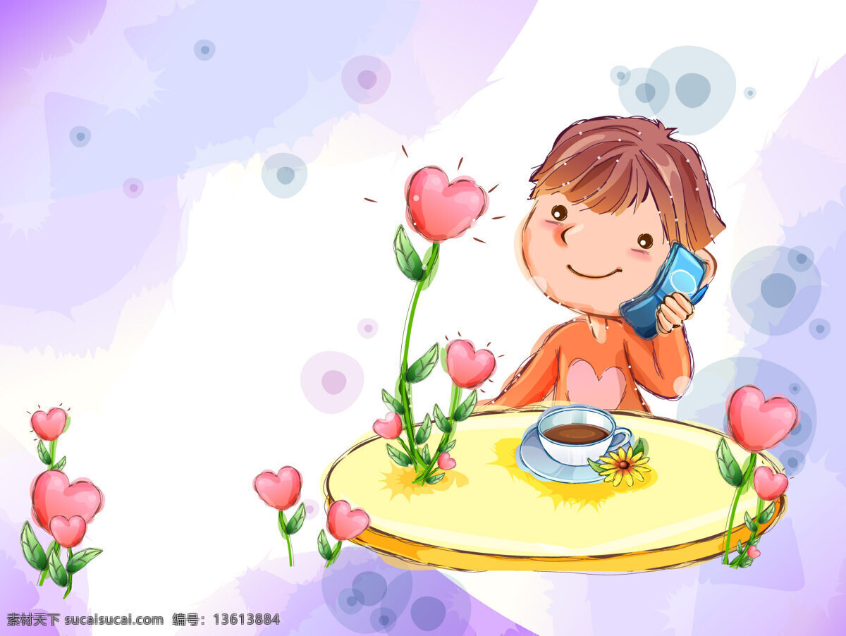 童年 卡通 插画 打电话 小 男孩 爱心 电话 甜蜜 动漫 可爱