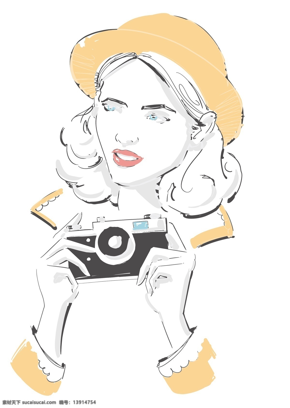时尚 手绘 相机 美女 人物 插画 现代 帽子