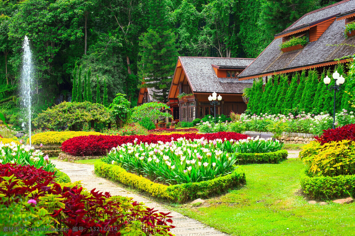 喷泉花园风景 喷泉 美丽花园风景 园艺风景 园艺植物 植物花卉 美丽鲜花 草地 草坪 自然风景 自然景观 绿色