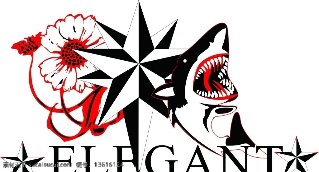 印花鲨鱼胸标 鲨鱼 花 字母 启明星 五角星 组合 标志图标 其他图标