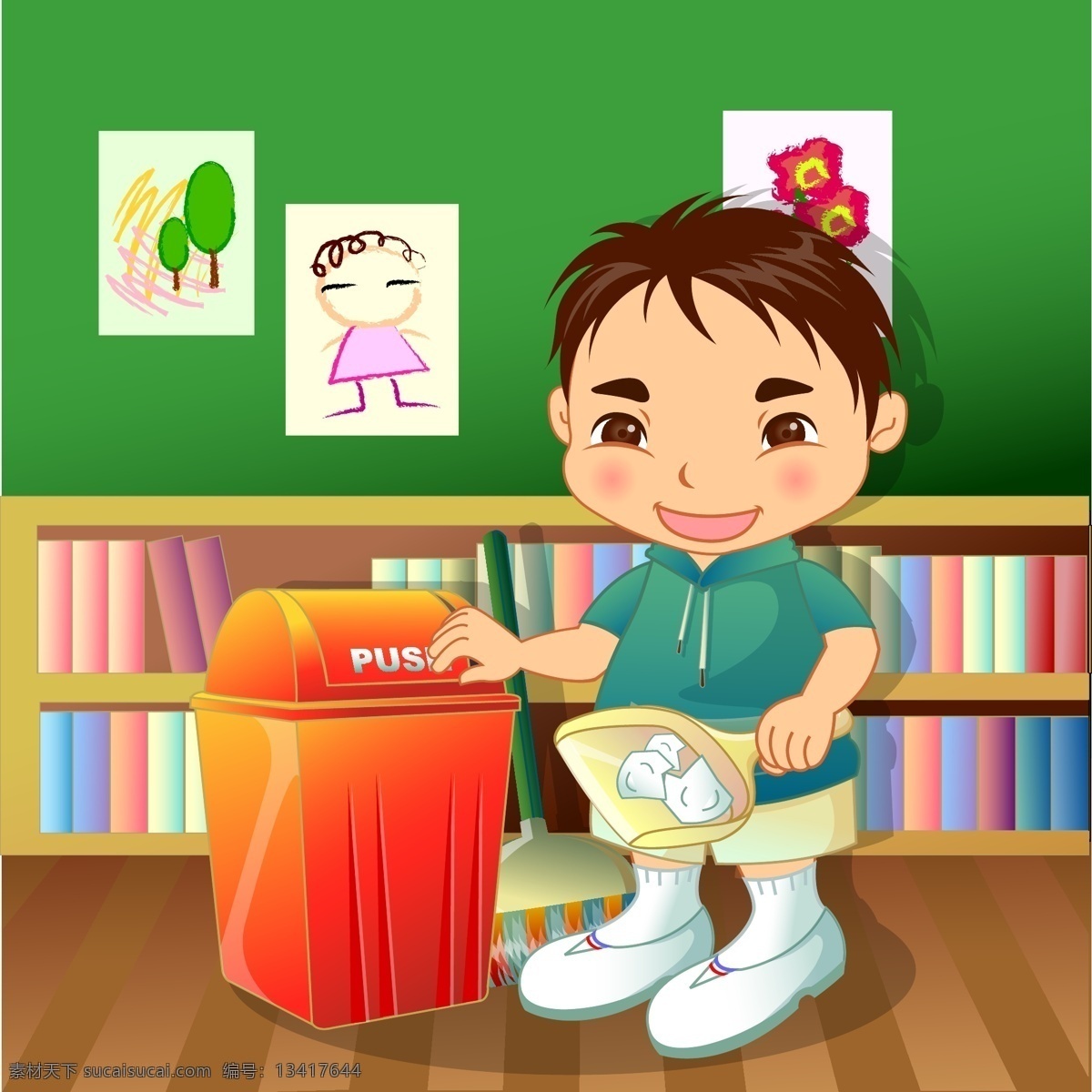 倒垃圾的男孩 男孩 倒垃圾 垃圾桶 打扫卫生 书架 书柜 书本 插画 水墨 水彩 背景画 动漫 卡通 童话世界 卡通娃娃 儿童世界 卡通玩偶 卡通设计 动漫设计 幼儿卡通 矢量卡通插画 矢量素材 其他矢量 矢量