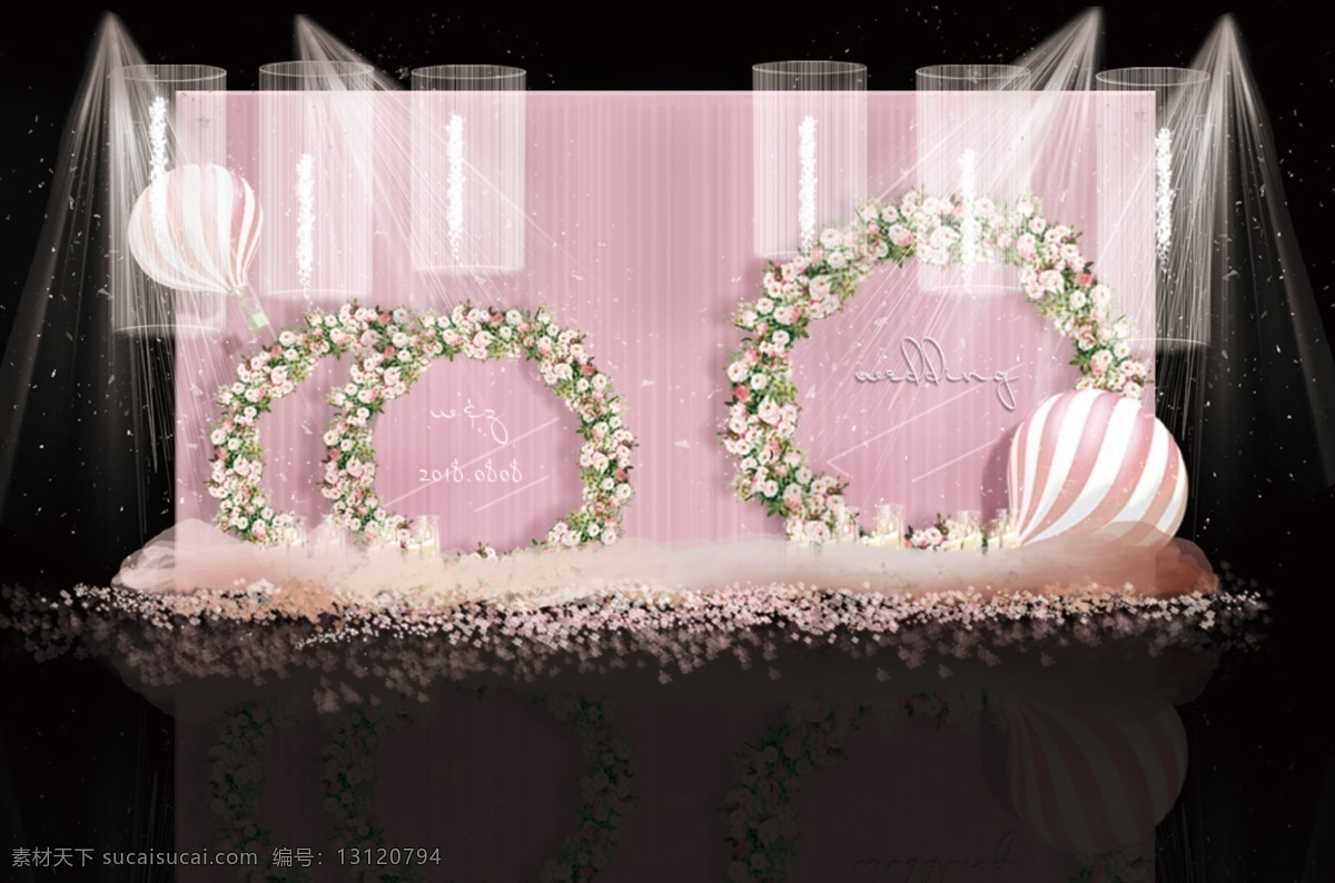 粉色 浪漫 花环 婚礼 迎宾 区 效果图 粉色背景 粉色婚礼 纱 花瓣 花串 花环造型 线帘