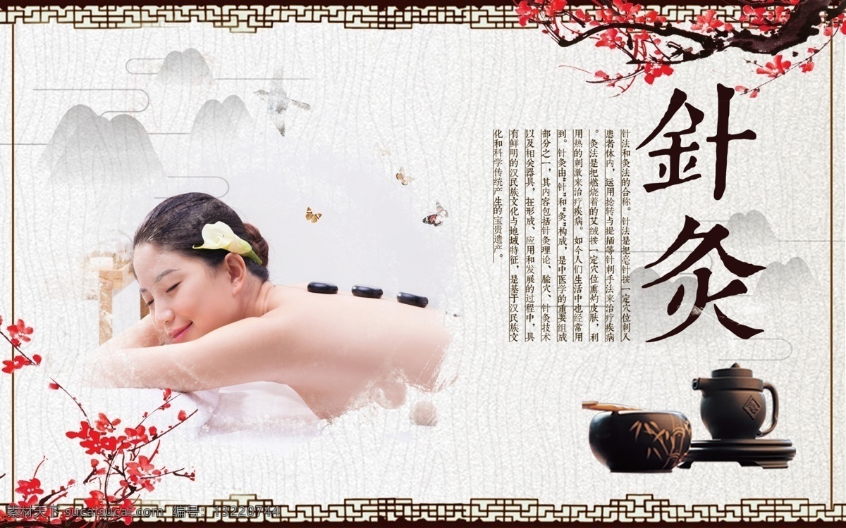 大气 中国 风 针灸 展板 中国风 美女 梅花 山水