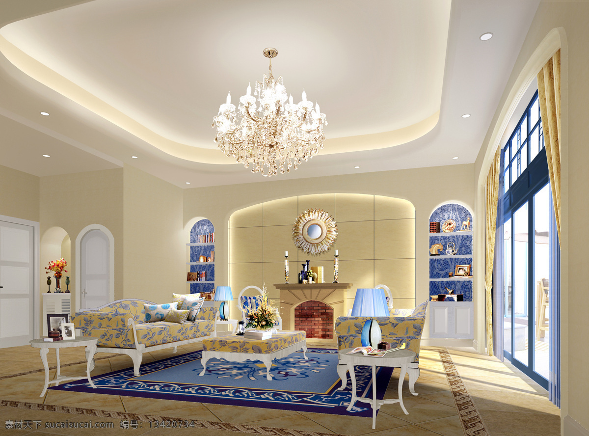 地中海 风格 客厅 地中海风格 天蓝色 回型顶 大飘窗 中西结合