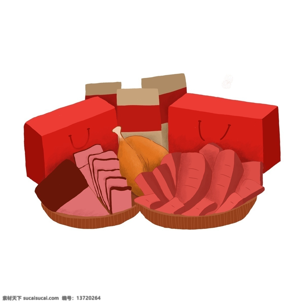 美味 腊肉 礼包 装饰 元素 装饰元素 手绘 礼盒 礼物 腊味 简约