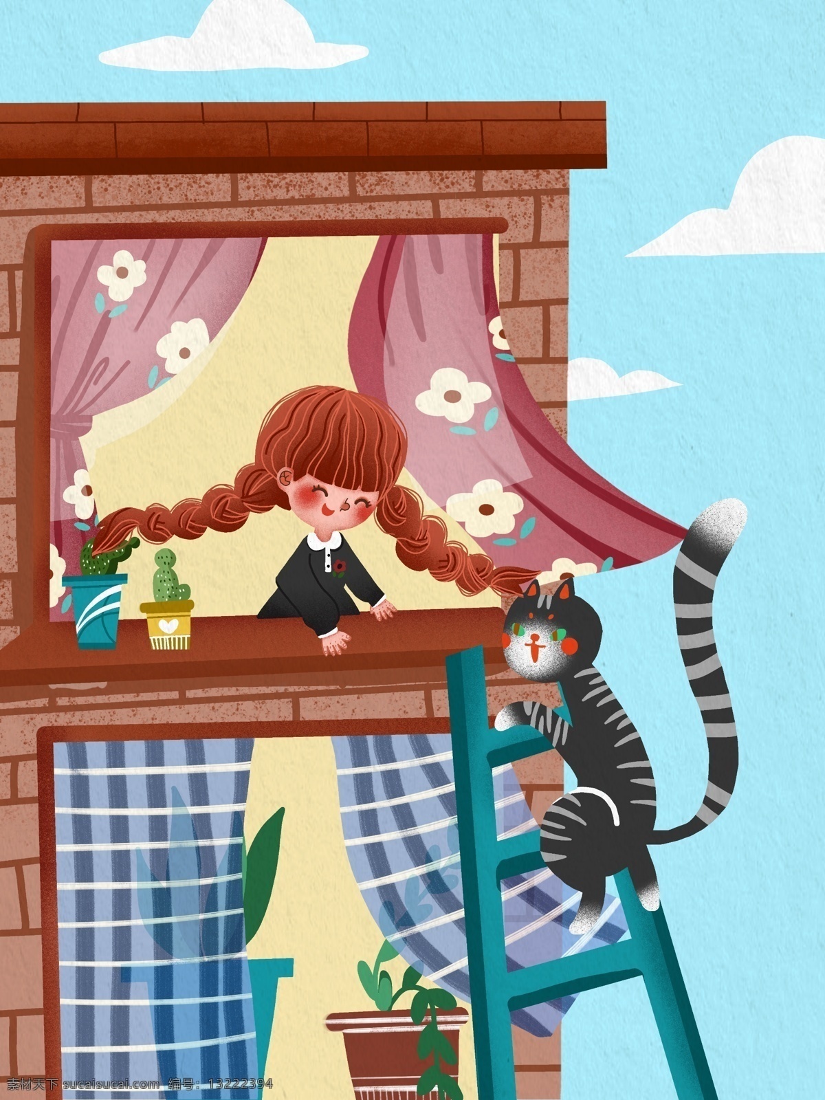 国际 儿童 日 女孩 猫咪 窗台 相遇 温馨 插画 植物 窗帘 国际儿童日 马尾辫 裙子